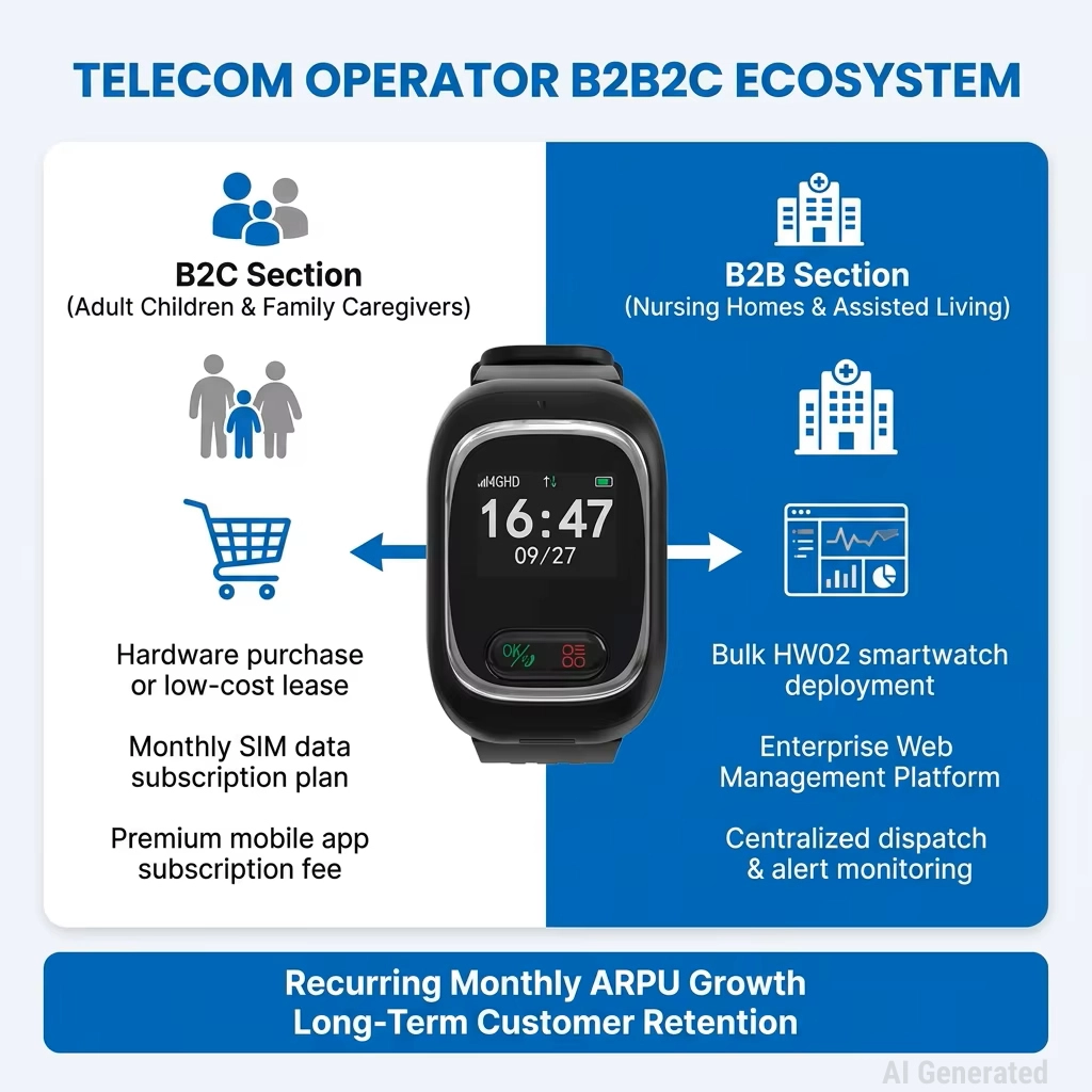 Telecom operator B2B2C ecosystem infographic showing a 4G senior smartwatch serving B2C adult children via mobile apps and B2B nursing homes via web platforms to drive ARPU growth..webp