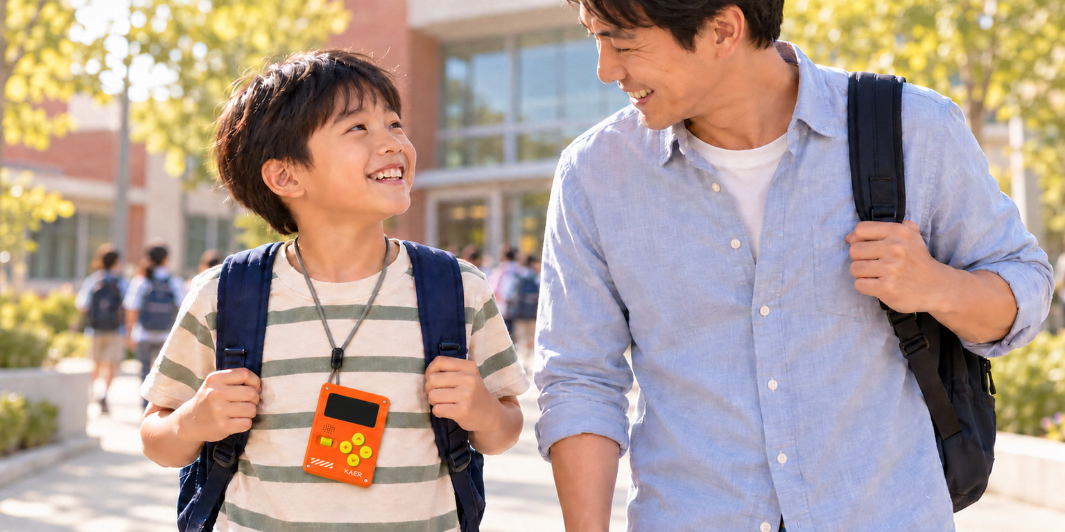 Child wearing the KAER KXS18 on a neck lanyard while walking with his father outside school