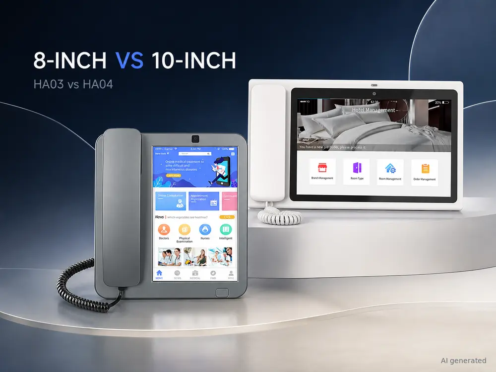KAER HA03 8-inch vs HA04 10-inch 4G Android desk phone comparison.webp