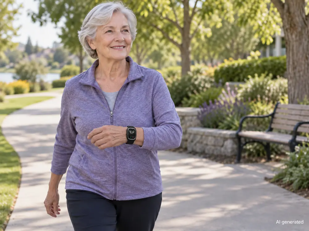 Older adult wearing a 4G senior watch while walking in the community.webp