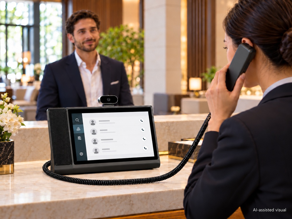 Concierge using a KAER Android desk phone at residential reception.jpg